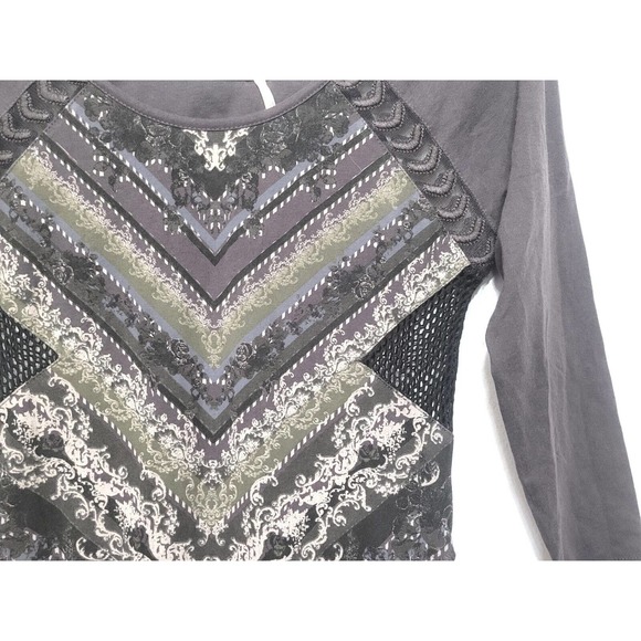 Free People Out Of Africa 3/4 Sleeve Gray Mini Dress Size S Keyhole Back Mesh - Picture 4 of 10